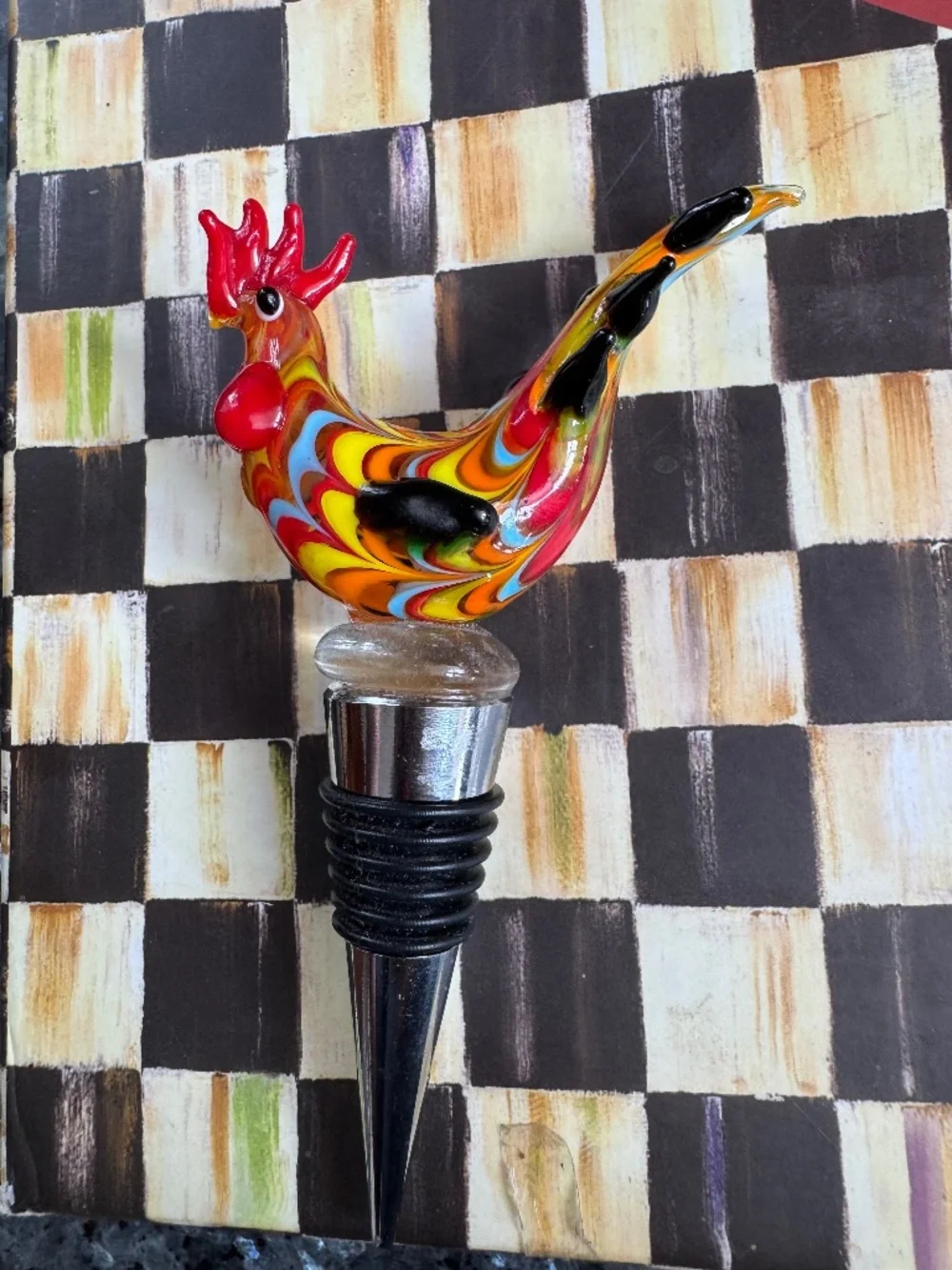 Murano Glass Rooster Bottle Stopper Hand Blown Art Glass Barware Wine Cork